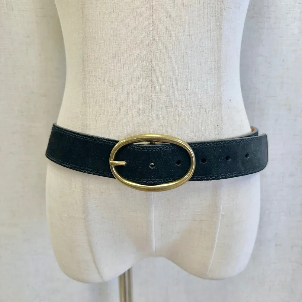 Lauren‎ Ralph Lauren Black Suede Leather Belt Gold Oval Buckle Large 9101572-001